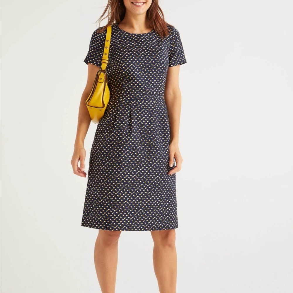 Boden Sierra textured cotton weave dress blue with pink and white dots